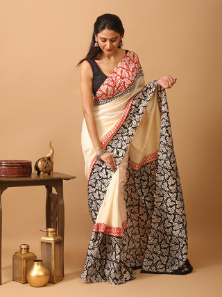 Cream Pure Murshidabad Silk Block Printed Saree
