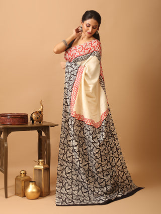 Cream Pure Murshidabad Silk Block Printed Saree