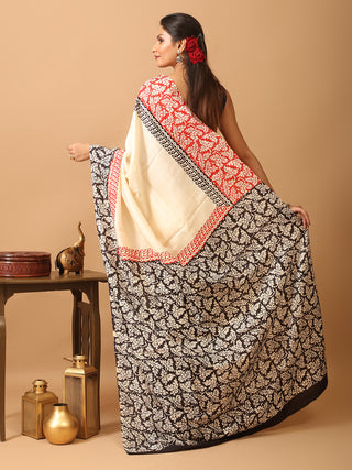 Cream Pure Murshidabad Silk Block Printed Saree