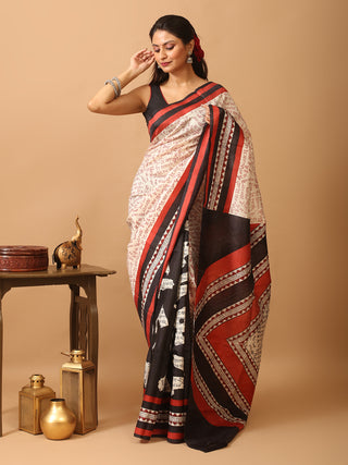 Off-White and Black Half and Half Pure Murshidabad Silk Block Printed Saree