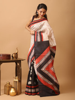 Off-White and Black Half and Half Pure Murshidabad Silk Block Printed Saree