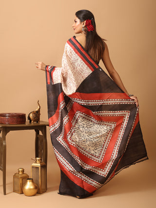 Off-White and Black Half and Half Pure Murshidabad Silk Block Printed Saree