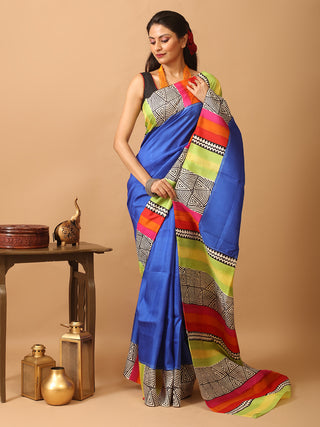 Royal Blue Pure Murshidabad Silk Block Printed Saree
