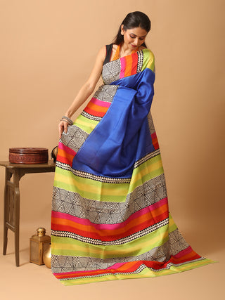 Royal Blue Pure Murshidabad Silk Block Printed Saree