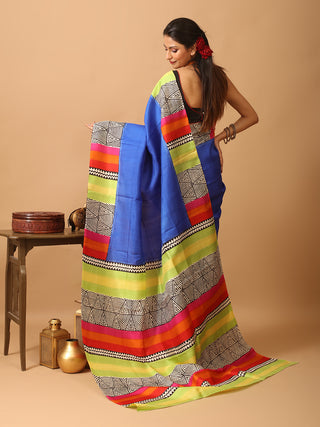 Royal Blue Pure Murshidabad Silk Block Printed Saree