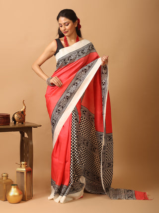 Red Pure Murshidabad Silk Block Printed Saree