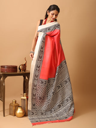 Red Pure Murshidabad Silk Block Printed Saree