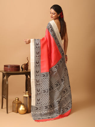 Red Pure Murshidabad Silk Block Printed Saree