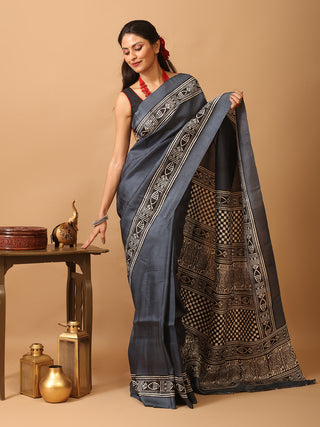 Dark Grey Pure Murshidabad Silk Printed Saree with Fish Motifs