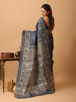 Dark Grey Pure Murshidabad Silk Printed Saree with Fish Motifs