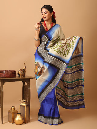 Blue and Off-White Printed Silk with Hand Block and Screen Prints