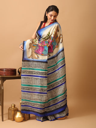 Blue and Off-White Printed Silk with Hand Block and Screen Prints