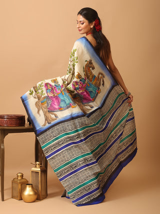 Blue and Off-White Printed Silk with Hand Block and Screen Prints