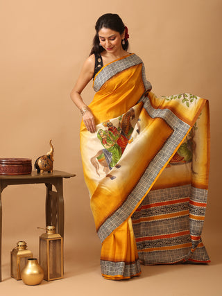 Mustard Yellow and Off-White Printed Murshidabad Silk Saree