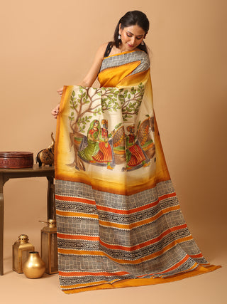 Mustard Yellow and Off-White Printed Murshidabad Silk Saree