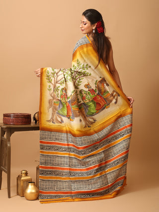 Mustard Yellow and Off-White Printed Murshidabad Silk Saree