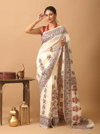 Cream Pure Murshidabad Silk Saree with Red-Black Hand Block Prints