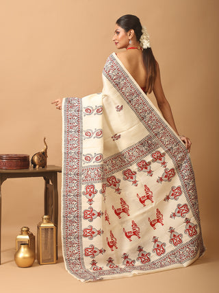 Cream Pure Murshidabad Silk Saree with Red-Black Hand Block Prints