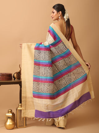 Beige Assam Silk Saree with Script Print