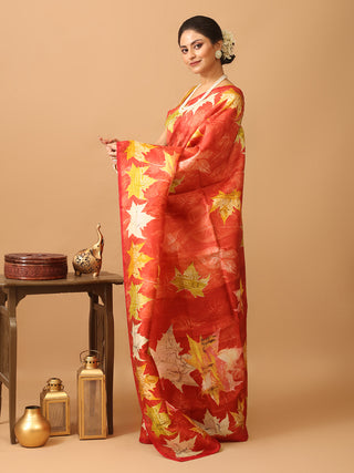 Rust Pure Murshidabad Silk Saree with "Maple Leaf" Screen Print