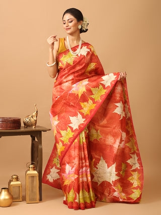 Rust Pure Murshidabad Silk Saree with "Maple Leaf" Screen Print