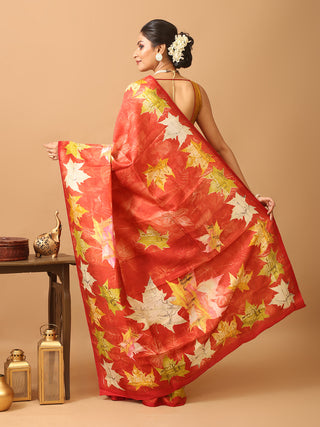 Rust Pure Murshidabad Silk Saree with "Maple Leaf" Screen Print