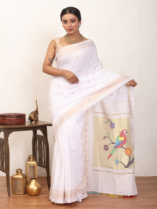 White Handloom Cotton Paithani Saree With Multicoloured Parakeets