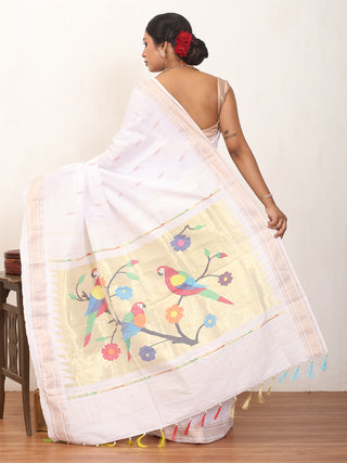 White Handloom Cotton Paithani Saree With Multicoloured Parakeets