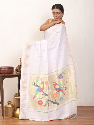 White Handloom Cotton Paithani Saree With Multicoloured Parakeets