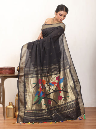 Black Handloom Cotton Paithani Saree With Multicoloured Parakeets