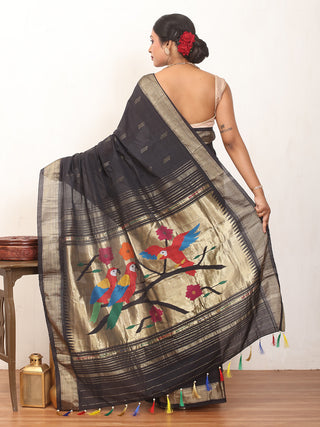 Black Handloom Cotton Paithani Saree With Multicoloured Parakeets