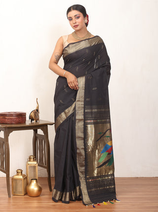 Black Handloom Cotton Paithani Saree With Multicoloured Parakeets