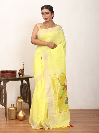 Yellow Handloom Cotton Paithani Saree With Multicoloured Parakeets