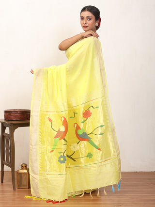 Yellow Handloom Cotton Paithani Saree With Multicoloured Parakeets