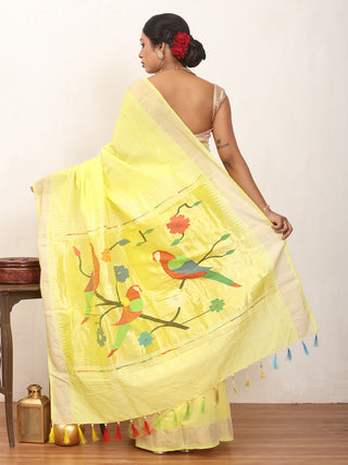 Yellow Handloom Cotton Paithani Saree With Multicoloured Parakeets