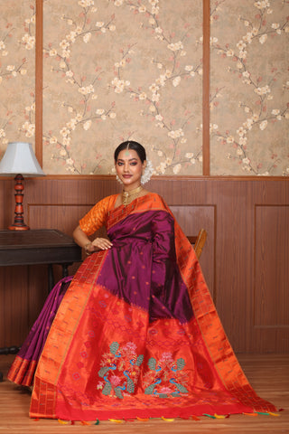 Wine And Rusty Orange Semi-Silk Paithani Saree With Hand Embroidered Pallu And Blouse