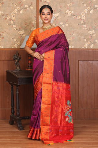 Wine And Rusty Orange Semi-Silk Paithani Saree With Hand Embroidered Pallu And Blouse