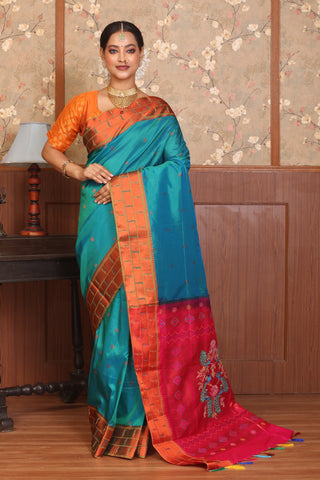 Peacock Blue And Rusty Orange Semi Silk Paithani Saree With Hand Embroidered Pallu And Blouse