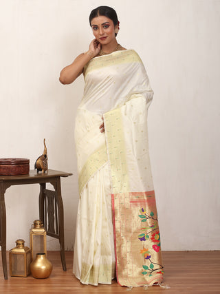 Off-White Semi Silk Paithani Saree With Grand Pallu