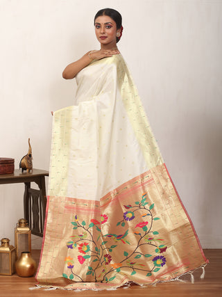 Off-White Semi Silk Paithani Saree With Grand Pallu