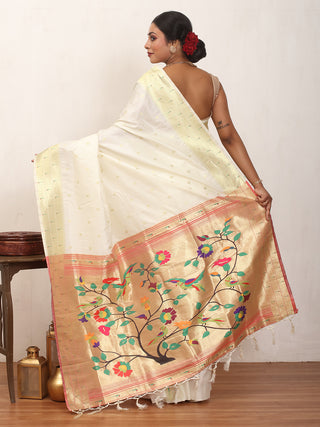 Off-White Semi Silk Paithani Saree With Grand Pallu
