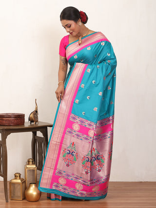Sky Blue And Hot Pink Soft Silk Paithani Saree