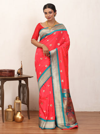 Tomato Red And Turquoise Blue Soft Silk Paithani Saree
