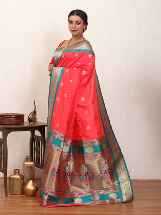 Tomato Red And Turquoise Blue Soft Silk Paithani Saree