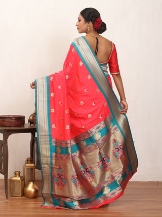 Tomato Red And Turquoise Blue Soft Silk Paithani Saree