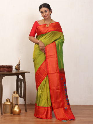 Parrot Green And Tomato Red Soft Silk Paithani Saree