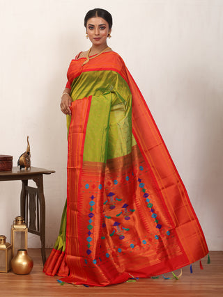 Parrot Green And Tomato Red Soft Silk Paithani Saree