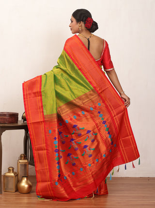 Parrot Green And Tomato Red Soft Silk Paithani Saree