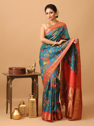 Peacock Blue Pure Tussar Silk Digital Printed Saree with Red Zari Border