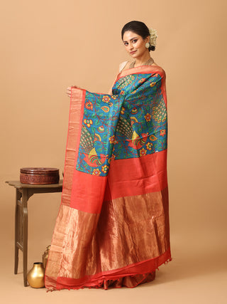 Peacock Blue Pure Tussar Silk Digital Printed Saree with Red Zari Border